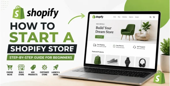 How to Start a Shopify Store in 2026 (Step-by-Step Beginner Guide) How to start a Shopify store step by step in 2026 with a professional ecommerce website design displayed on a laptop screen.