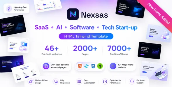 Nexsas SaaS & AI Startup Tailwind Template v2.6.0 Free Download